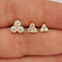 14K Gold Three Stone Diamond Stud Earrings