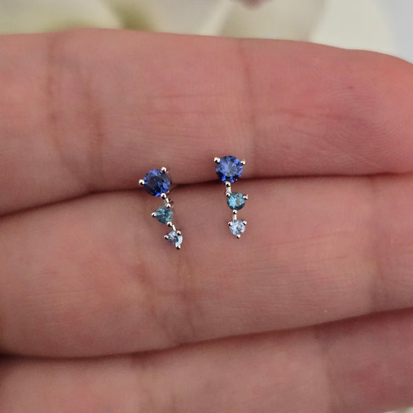 Solid Gold Gradient Blue Sapphire Stud Earrings, 14k Minimalist Earrings, Aquamarine and Blue Sapphire Studs, Blue Gemstone Stud Earrings