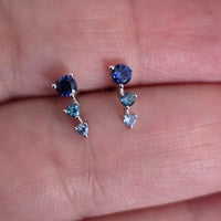 Solid Gold Gradient Blue Sapphire Stud Earrings, 14k Minimalist Earrings, Aquamarine and Blue Sapphire Studs, Blue Gemstone Stud Earrings