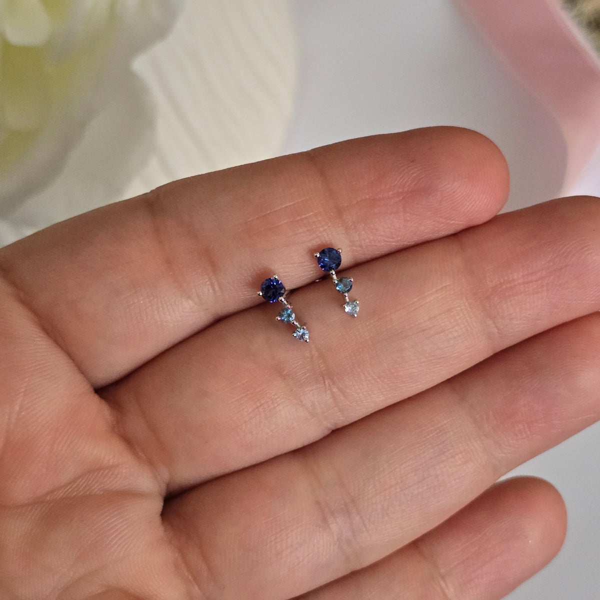 Solid Gold Gradient Blue Sapphire Stud Earrings, 14k Minimalist Earrings, Aquamarine and Blue Sapphire Studs, Blue Gemstone Stud Earrings