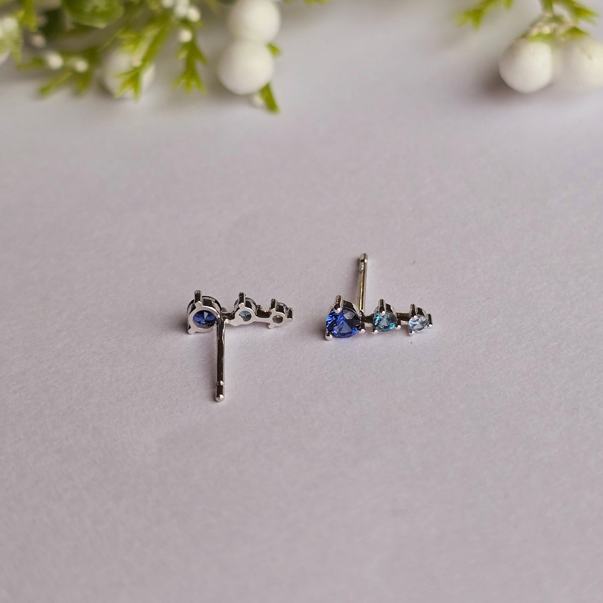 Solid Gold Gradient Blue Sapphire Stud Earrings, 14k Minimalist Earrings, Aquamarine and Blue Sapphire Studs, Blue Gemstone Stud Earrings