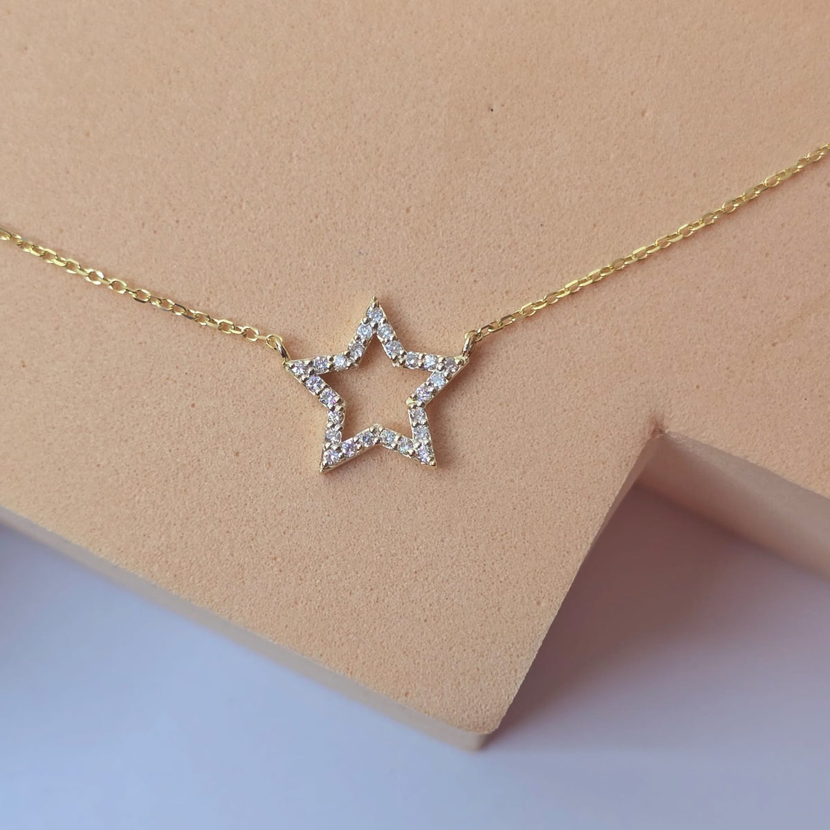 14k Solid Gold Star Diamond Necklace, Small Star Charm, Dainty Gold Necklace, Natural Diamond Necklace, diamond Star Pendant, White, Rose
