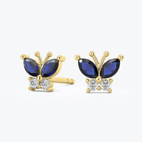 14k Solid Gold Sapphire Earrings, Diamond Minimalist Studs, Diamond Butterfly Studs, Personalized Gift