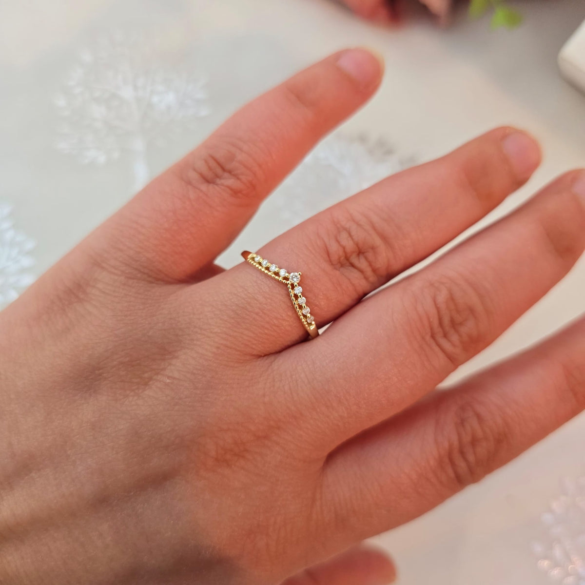 14k Gold Diamond Chevron Ring, Stackable Diamond V Ring, Half Eternity Curved Band Chevron Ring, Diamond Minimalist  Stacking Nesting Band