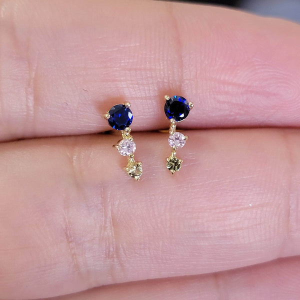 Cluster Gemstone Stud Earrings, 14K Gold Gemstone Studs, Diamond Cluster Earrings, Birthday Gift, Multi-Color Stone Earrings, Gift for Daughter 