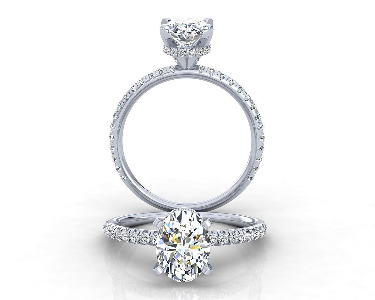 1.5 carat oval lab grown diamond hidden pavé engagement ring in 14K gold