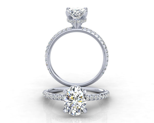 1.5 carat oval lab grown diamond hidden pavé engagement ring in 14K gold