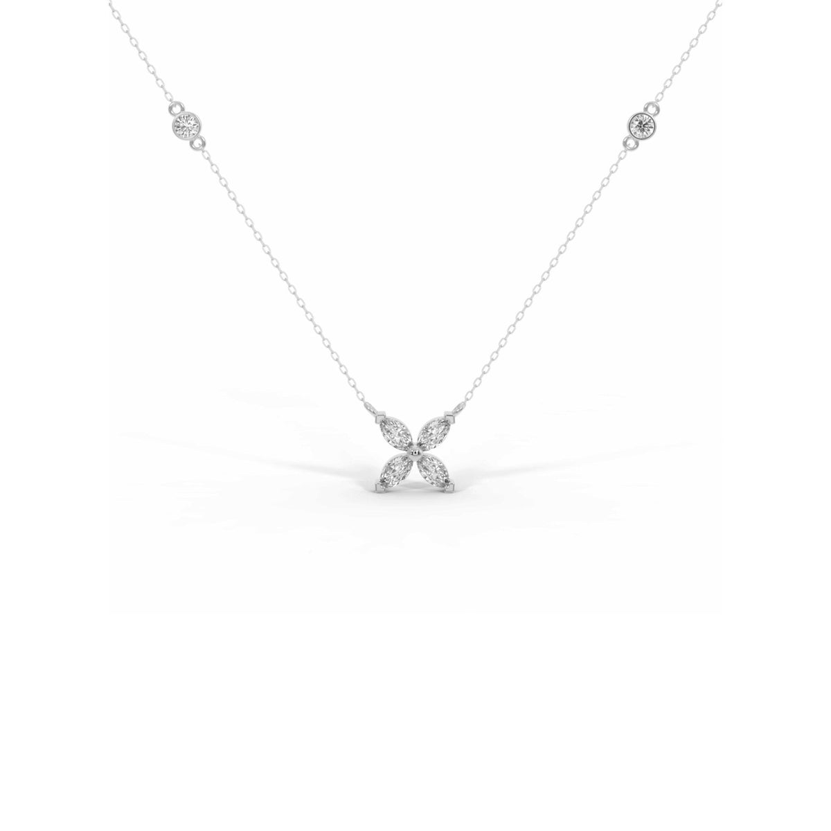 14k Solid Gold Marquise Diamond Flower Necklace, Bridal Pendant