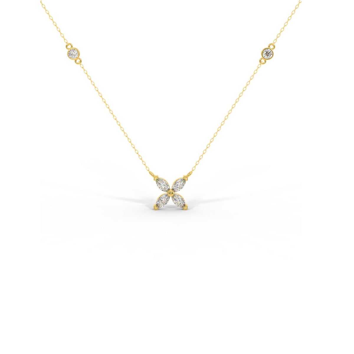 14k Solid Gold Marquise Diamond Flower Necklace, Bridal Pendant