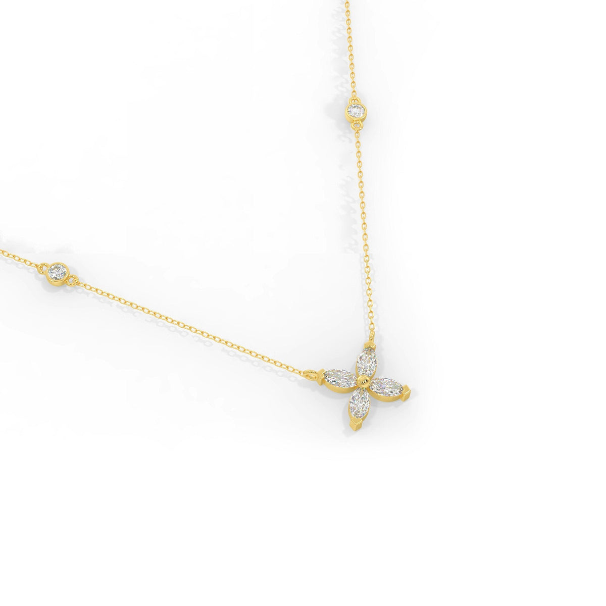 14k Solid Gold Marquise Diamond Flower Necklace, Bridal Pendant