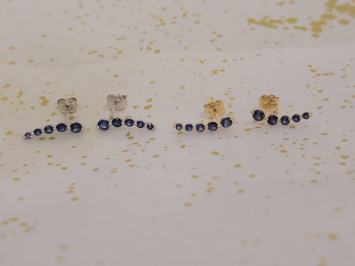 Curved Blue Sapphire Earrings, 14k Gold Studs, Blue Sapphire Studs, Ear Climber Earrings, Dainty Earrings, Minimalist Earrings, Curved Studs