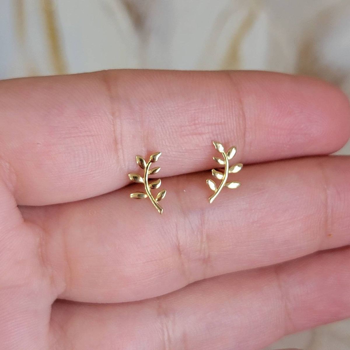 14k Gold Leaf studs, Leaf Branch Earrings, Olive Leaf Women Earrings in 14k Solid Gold