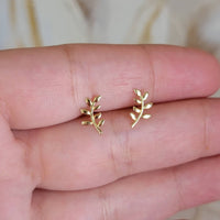 14k Gold Leaf studs, Leaf Branch Earrings, Olive Leaf Women Earrings in 14k Solid Gold