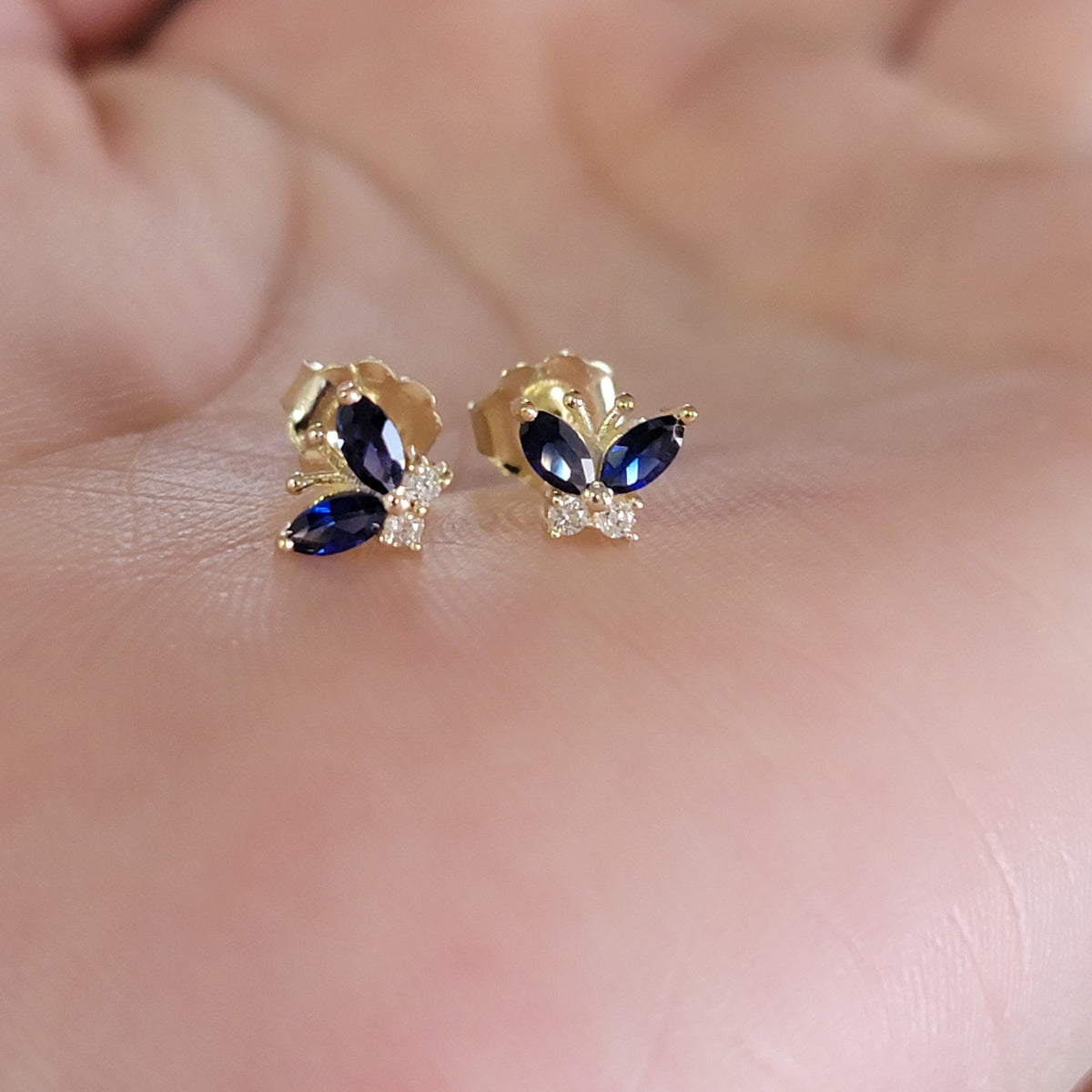 14k Solid Gold Sapphire Earrings, Diamond Minimalist Studs, Diamond Butterfly Studs, Personalized Gift