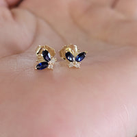 14k Solid Gold Sapphire Earrings, Diamond Minimalist Studs, Diamond Butterfly Studs, Personalized Gift