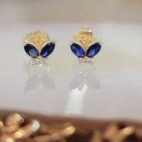 14k Solid Gold Sapphire Earrings, Diamond Minimalist Studs, Diamond Butterfly Studs, Personalized Gift