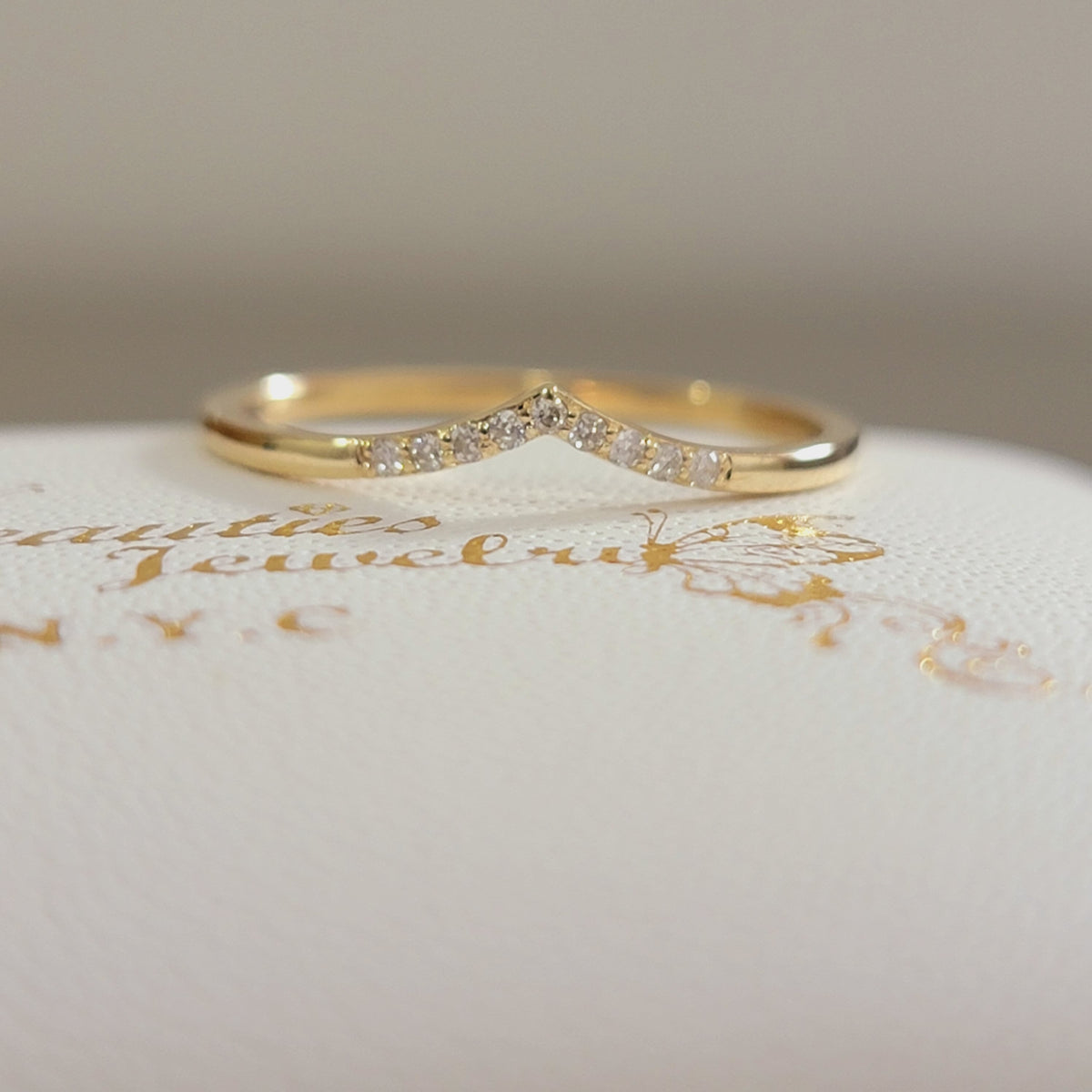 Curved Diamond Ring, Dainty Gold Ring for Women, 14 k Gold Diamond Wedding Band, V Shape Stacking Rose Gold Ring, Matching Band, Bridal Ring
