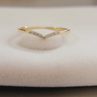 Curved Diamond Ring, Dainty Gold Ring for Women, 14 k Gold Diamond Wedding Band, V Shape Stacking Rose Gold Ring, Matching Band, Bridal Ring
