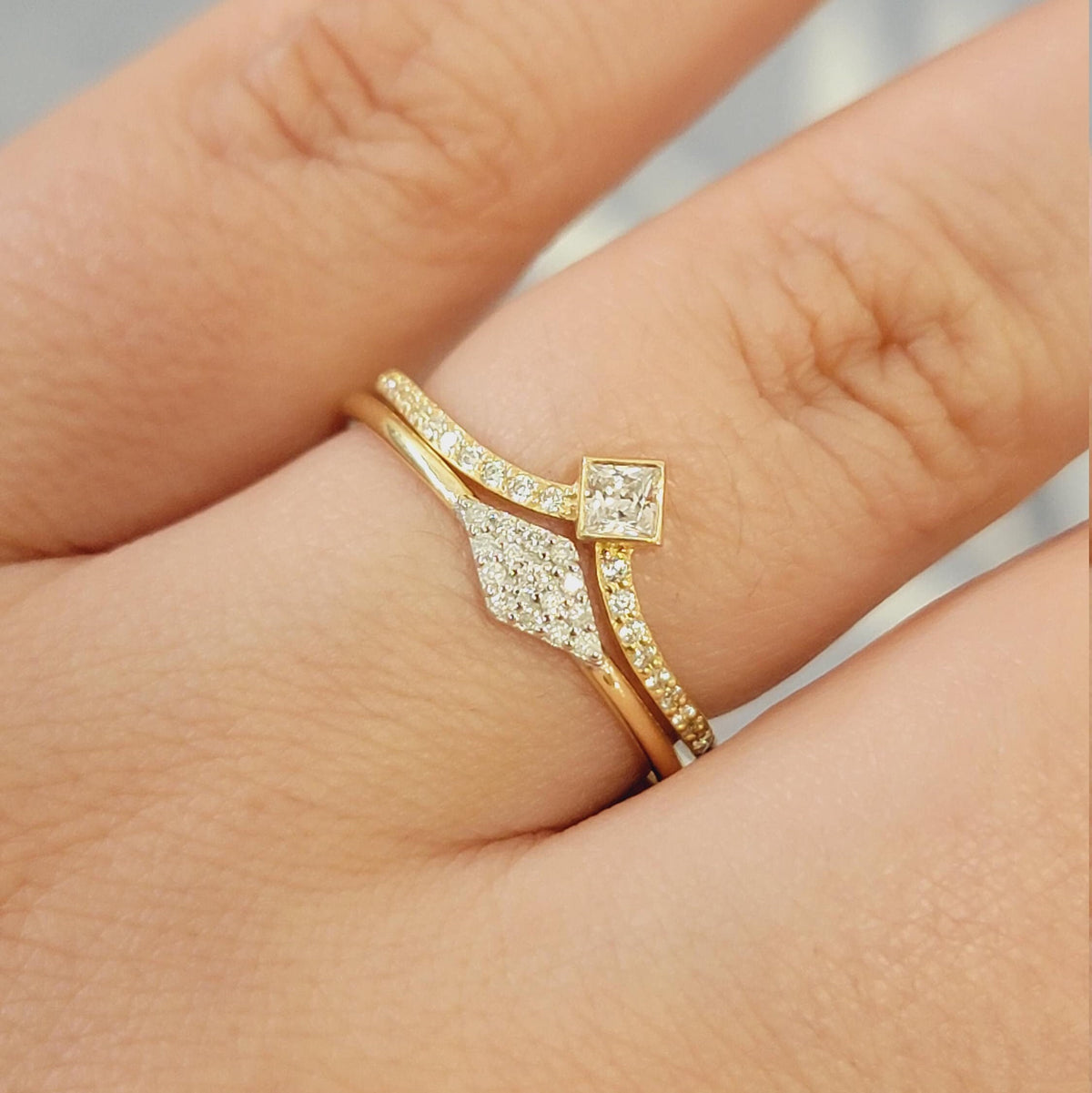 Diamond Ring, 14K Solid Gold Band, Handmade Bridal Rose Jewelry Gift,  White Rhombus Wedding Ring, Stacking Ring, Geometric Design  Ring