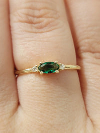 Emerald Ring, Oval Emerald With Diamond Ring, 14k Gold Ring, Stacking Emerald Band, Emerald Jewelry, May Birthstone Ring for Women Mom, Rose