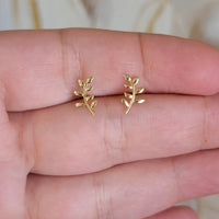 14k Gold Stud Earrings, Gold Leaf Earrings, Dainty Earrings, Gold Branch Earrings, Minimalist Earrings, Mother's day gift