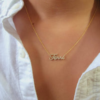14k Solid Gold Diamond Name Necklace, Personalized Script Pendant