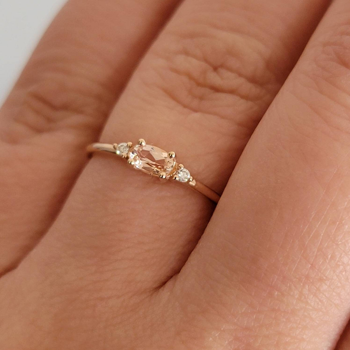 14K Gold Morganite Ring, Vintage Ring For Her,  Three Stone Engagement Ring, Anniversary Gift, Oval Art Deco Ring Wedding Ring, Gift For Her