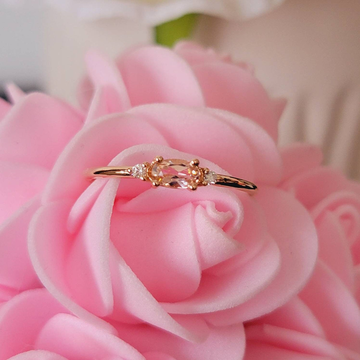 14K Gold Morganite Ring, Vintage Ring For Her,  Three Stone Engagement Ring, Anniversary Gift, Oval Art Deco Ring Wedding Ring, Gift For Her