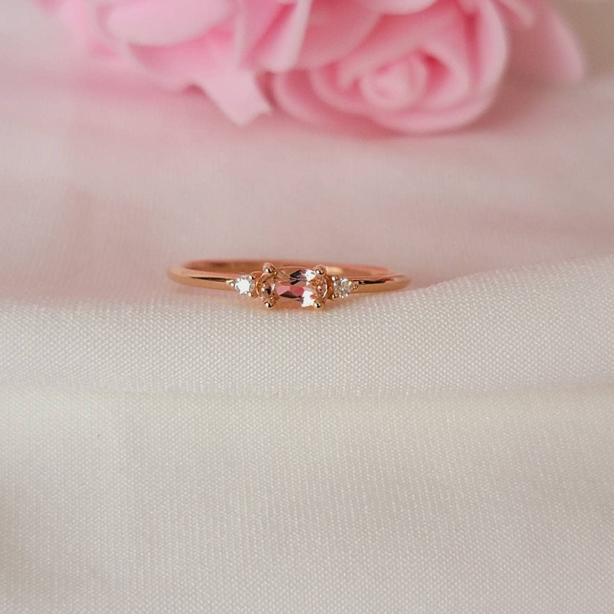 14K Gold Morganite Ring, Vintage Ring For Her,  Three Stone Engagement Ring, Anniversary Gift, Oval Art Deco Ring Wedding Ring, Gift For Her