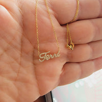 14k Solid Gold Diamond Name Necklace, Personalized Script Pendant