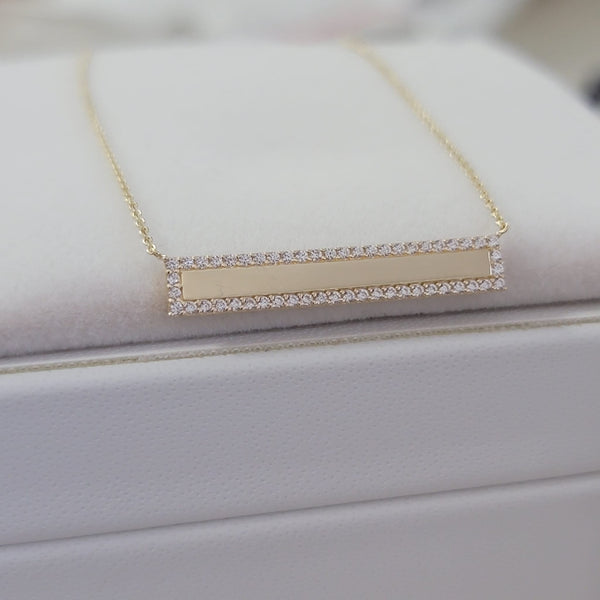 14k Solid Gold Diamond Bar Necklace: Micro Pave Setting