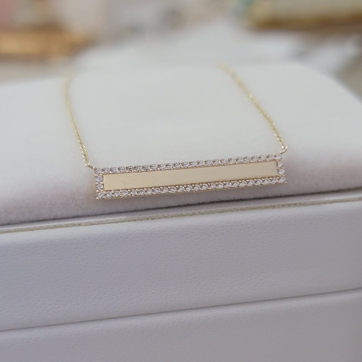 14k Solid Gold Diamond Bar Necklace: Micro Pave Setting