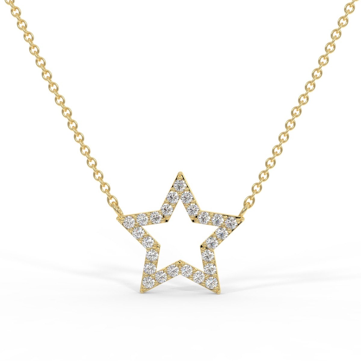 14k Solid Gold Diamond Star Necklace: Dainty Celestial Pendant