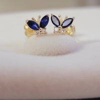 14k Solid Gold Sapphire Earrings, Diamond Minimalist Studs, Diamond Butterfly Studs, Personalized Gift