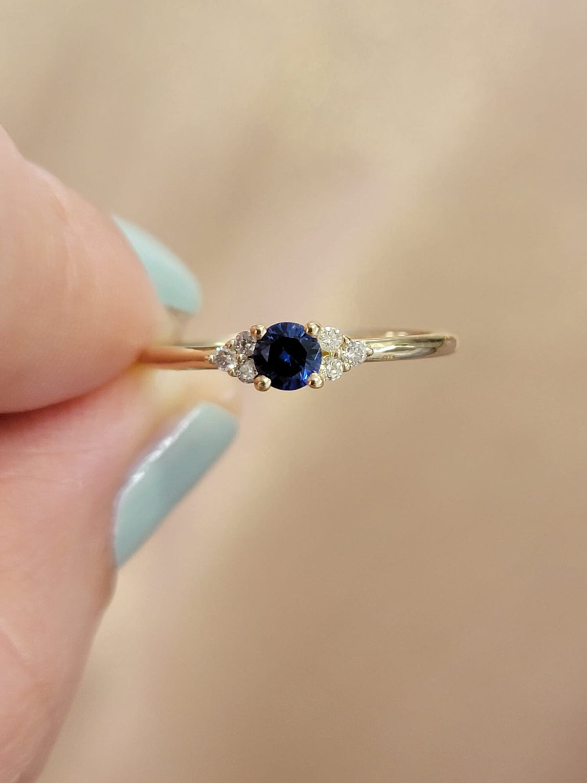 Solitaire Round Blue Sapphire and Diamond Promise Ring(0.09 Ct. TW.)