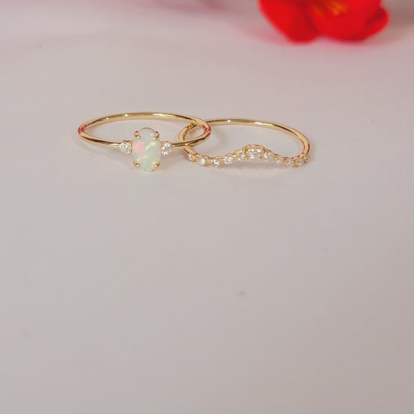 Oval Opal engagement ring set, 14k Gold Vintage Engagement Ring Set, Art deco Bridal set Promise ring Anniversary gift for women, Diamonds