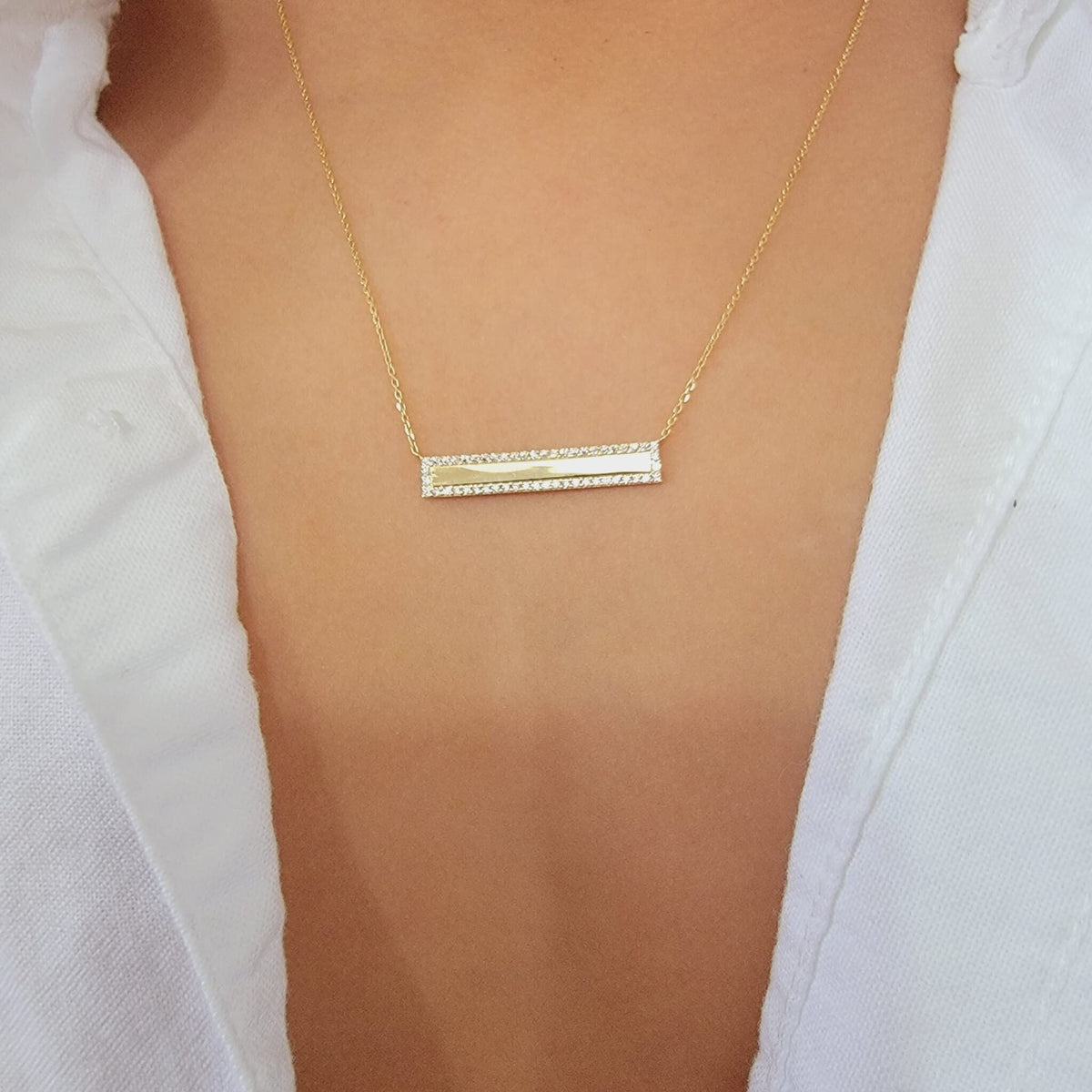 14k Solid Gold Diamond Bar Necklace: Micro Pave Setting