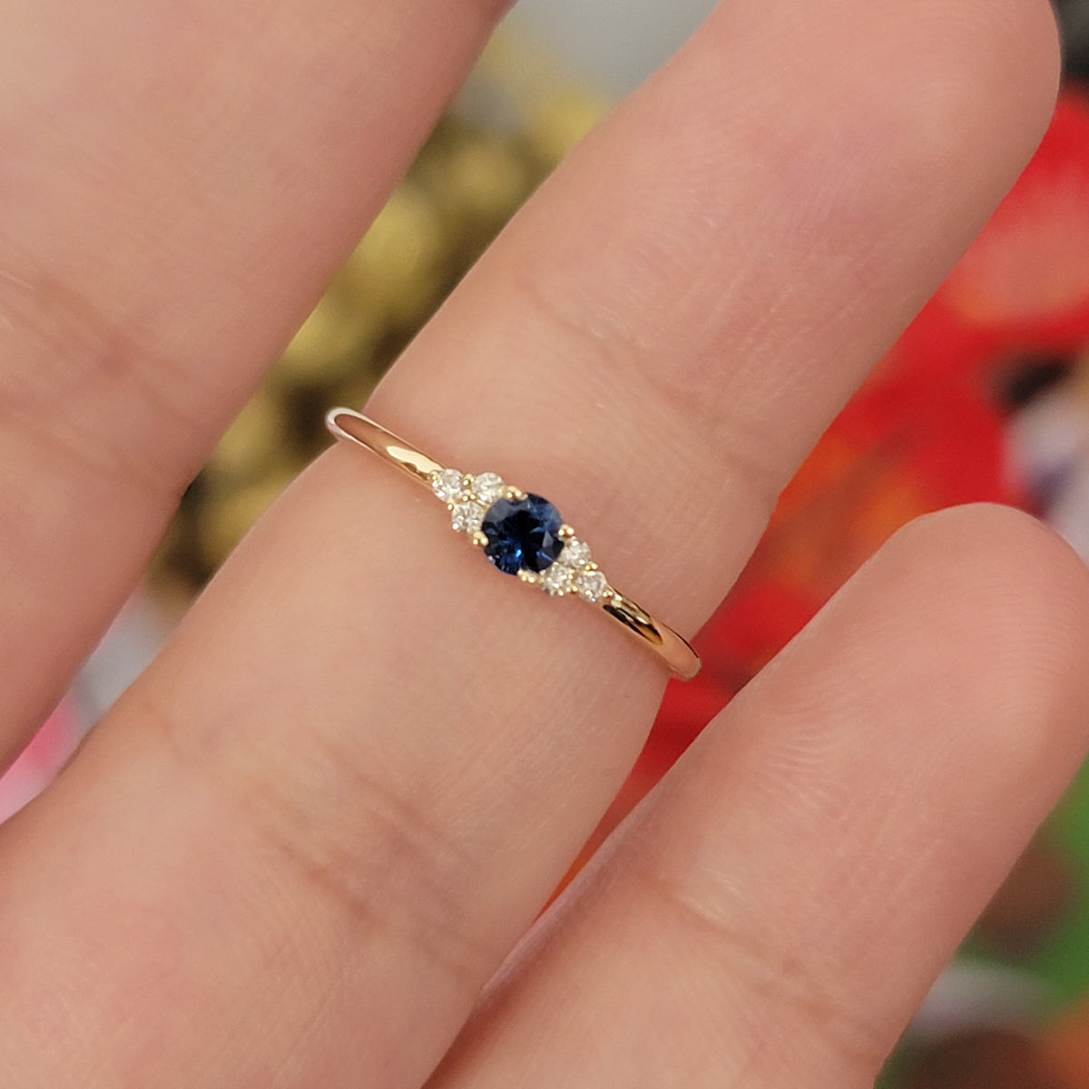 Solitaire Round Blue Sapphire and Diamond Promise Ring(0.09 Ct. TW.)