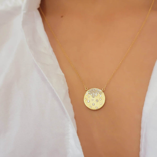 Diamond Circle Disc Necklace in 14k Solid Gold, Round Shaped Multi Stone Anniversary Pendant, Stackable Tiny Coin Jewelry, Wedding Chain Set