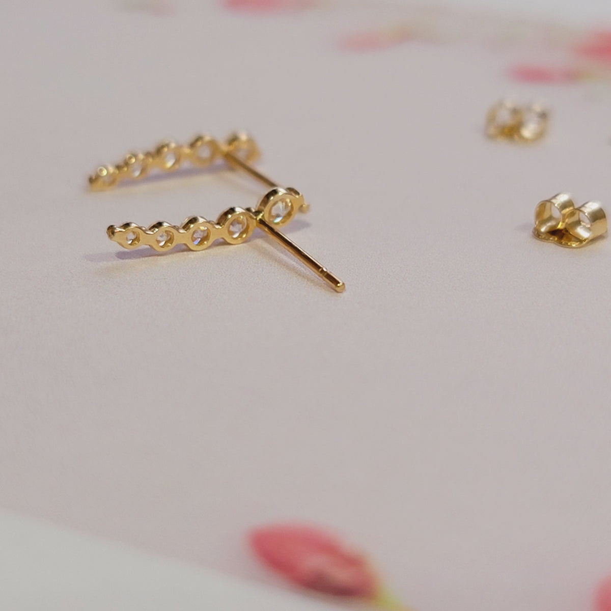 Diamond Curved Earrings, 14k Gold Studs, Diamond Studs, Ear Climber Earrings, Dainty Earrings, Minimalist Earrings, Curved Studs