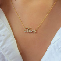 14k Solid Gold Diamond Name Necklace, Personalized Script Pendant