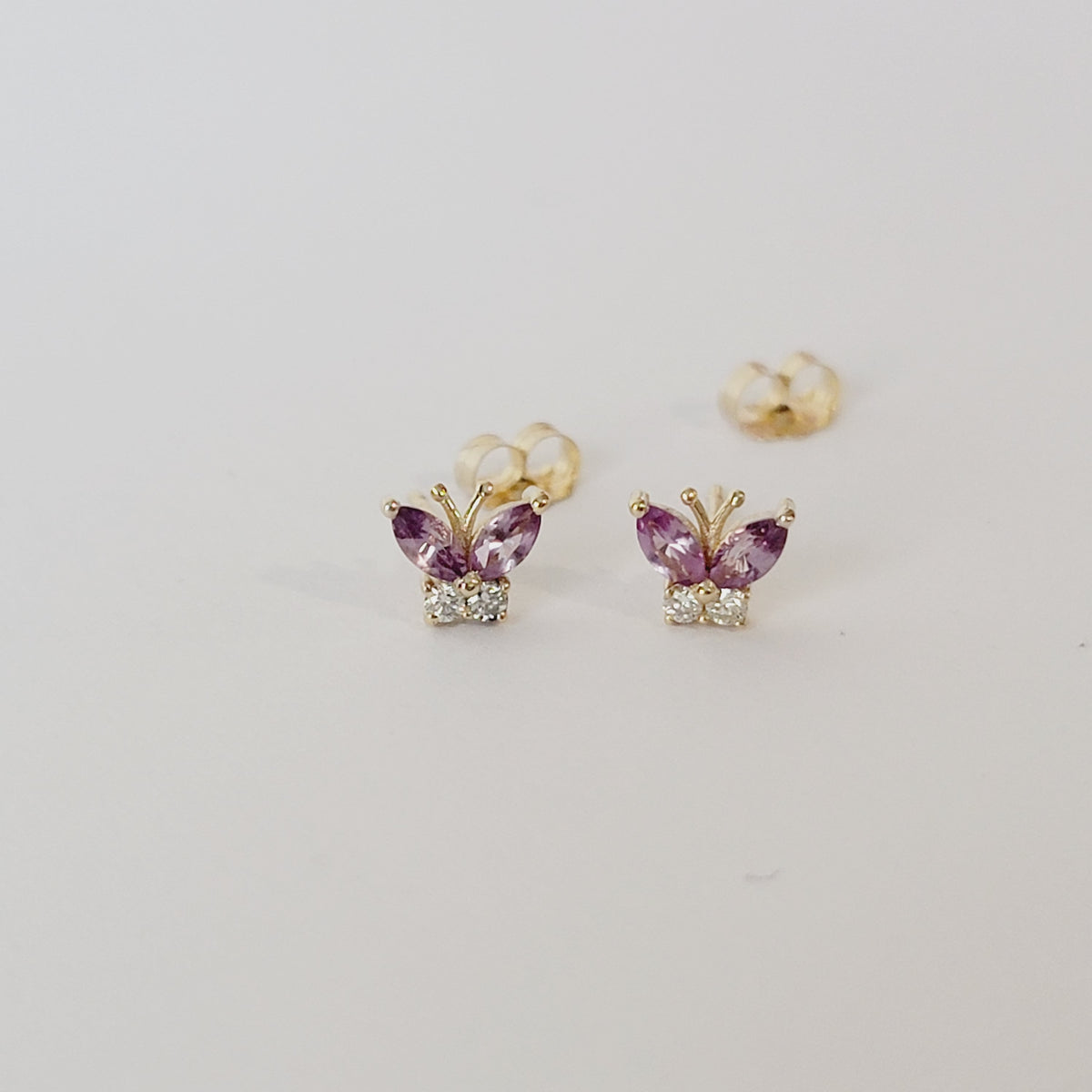 14k Solid Gold Sapphire Earrings, Diamond Minimalist Studs, Diamond Butterfly Studs, Personalized Gift