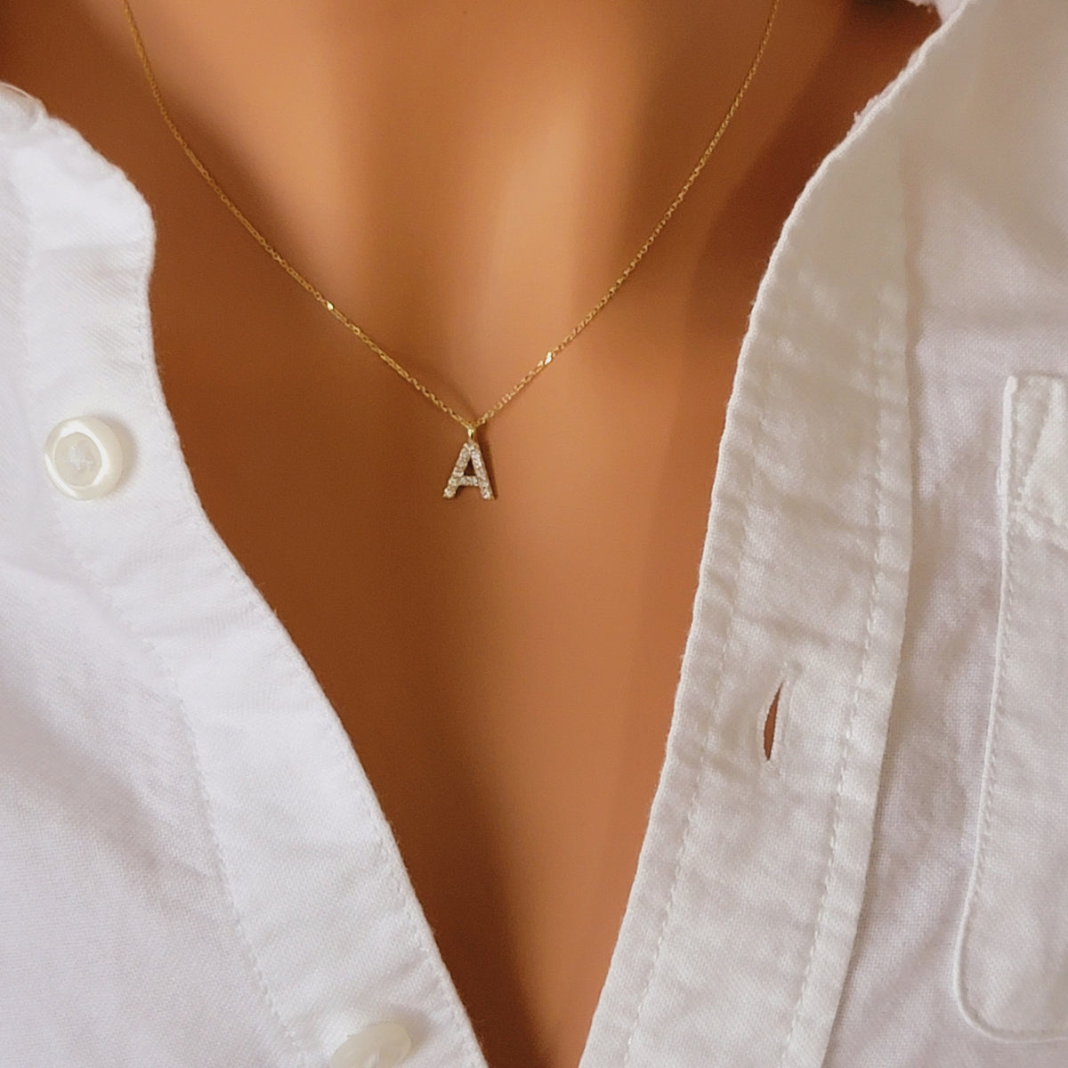 14k Gold Diamond Initial Necklace, Diamond Letter Necklace,  Dainty Initial Diamond Necklace,  Initial Charm, Letter Pendant, 14k White Gold