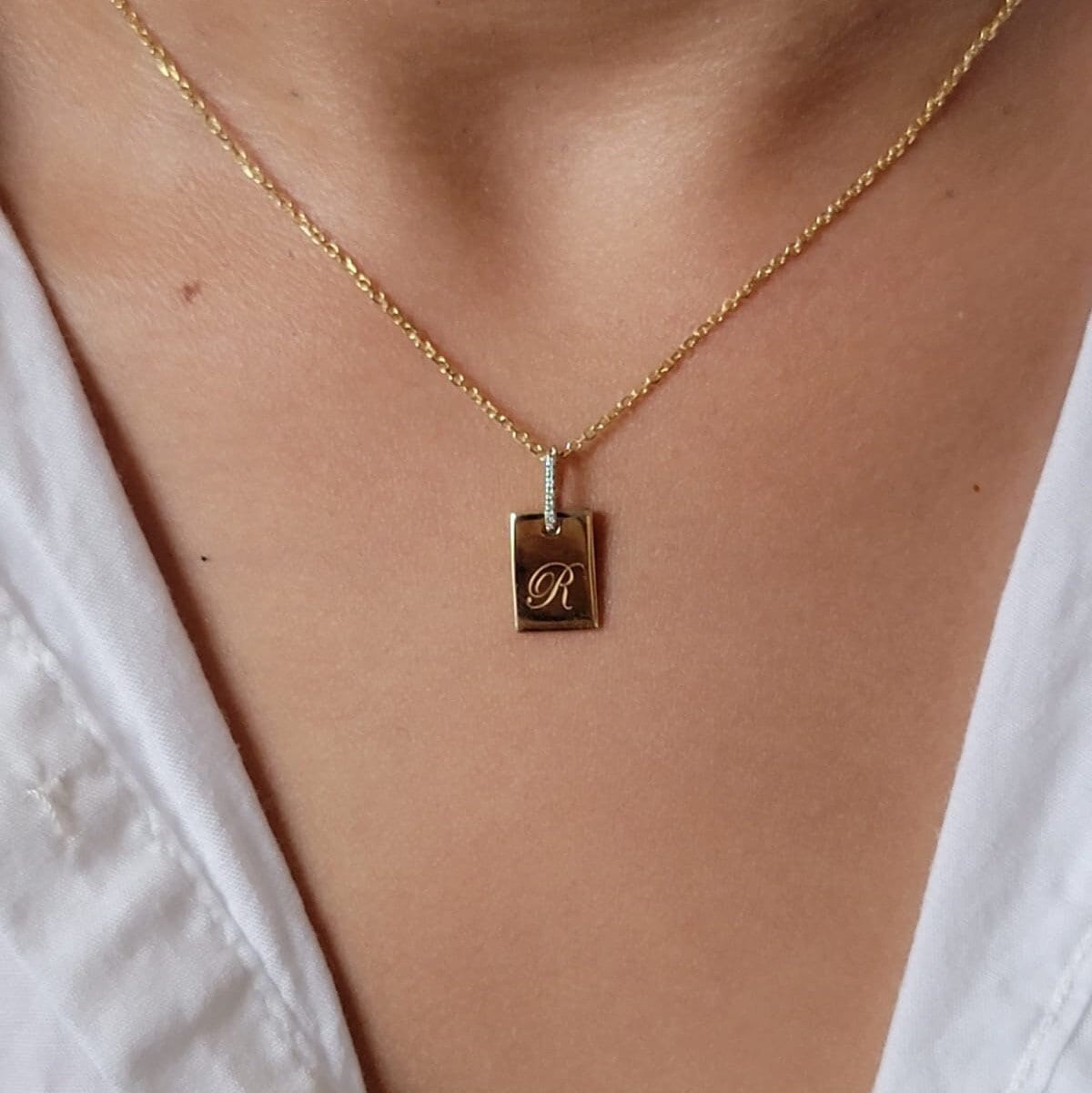 Solid Gold Dog Tag Charm, Diamond Initial Necklace, Engraved Pendant, Dog Tag Necklace, Personalized Jewelry, Simple Monogram Necklace Gold