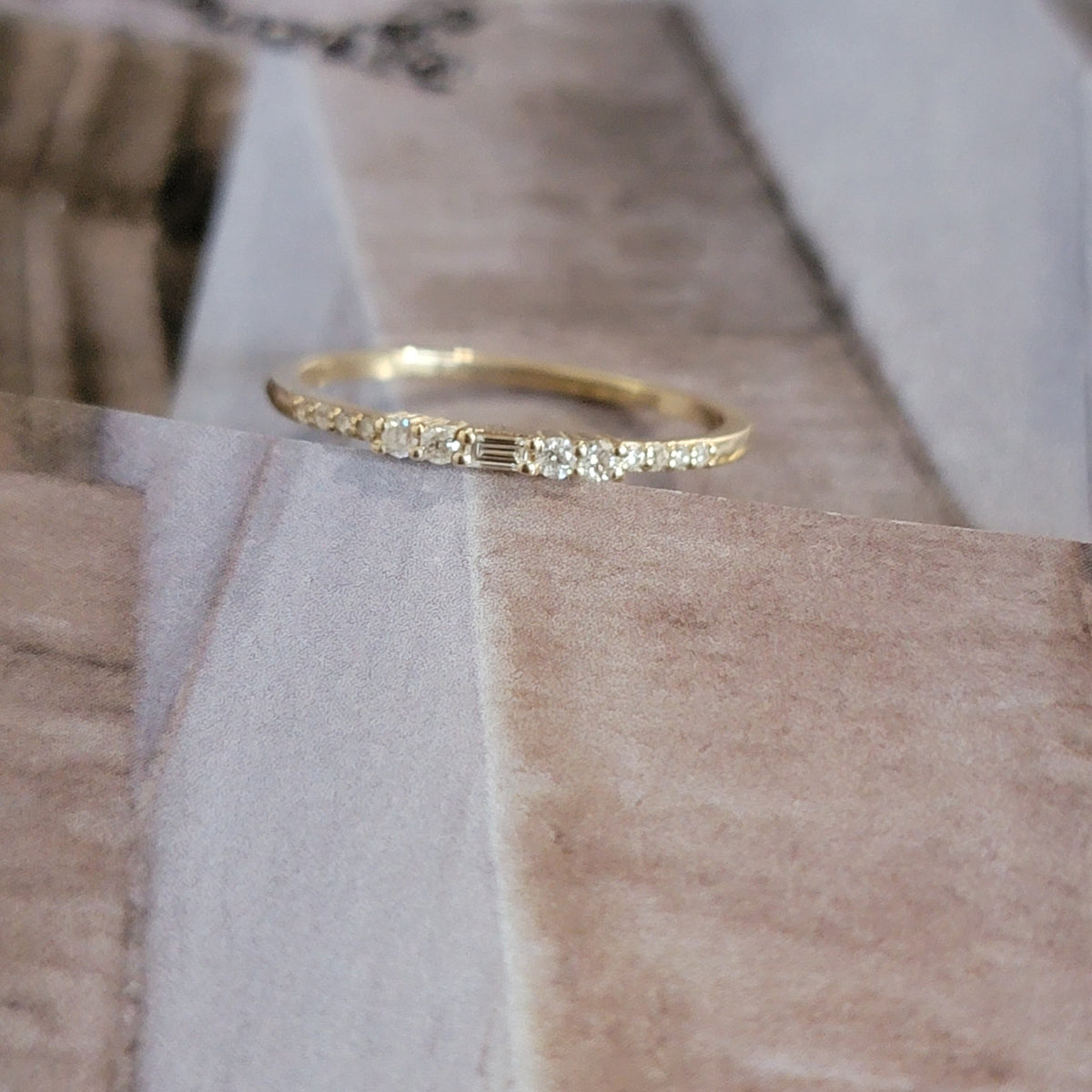 Diamond Ring, baguette and Round diamond Band, 14k Gold Dainty Diamond ring, Minimalist  Ring, Thin Gold Diamond Stacking Ring, 14K White,