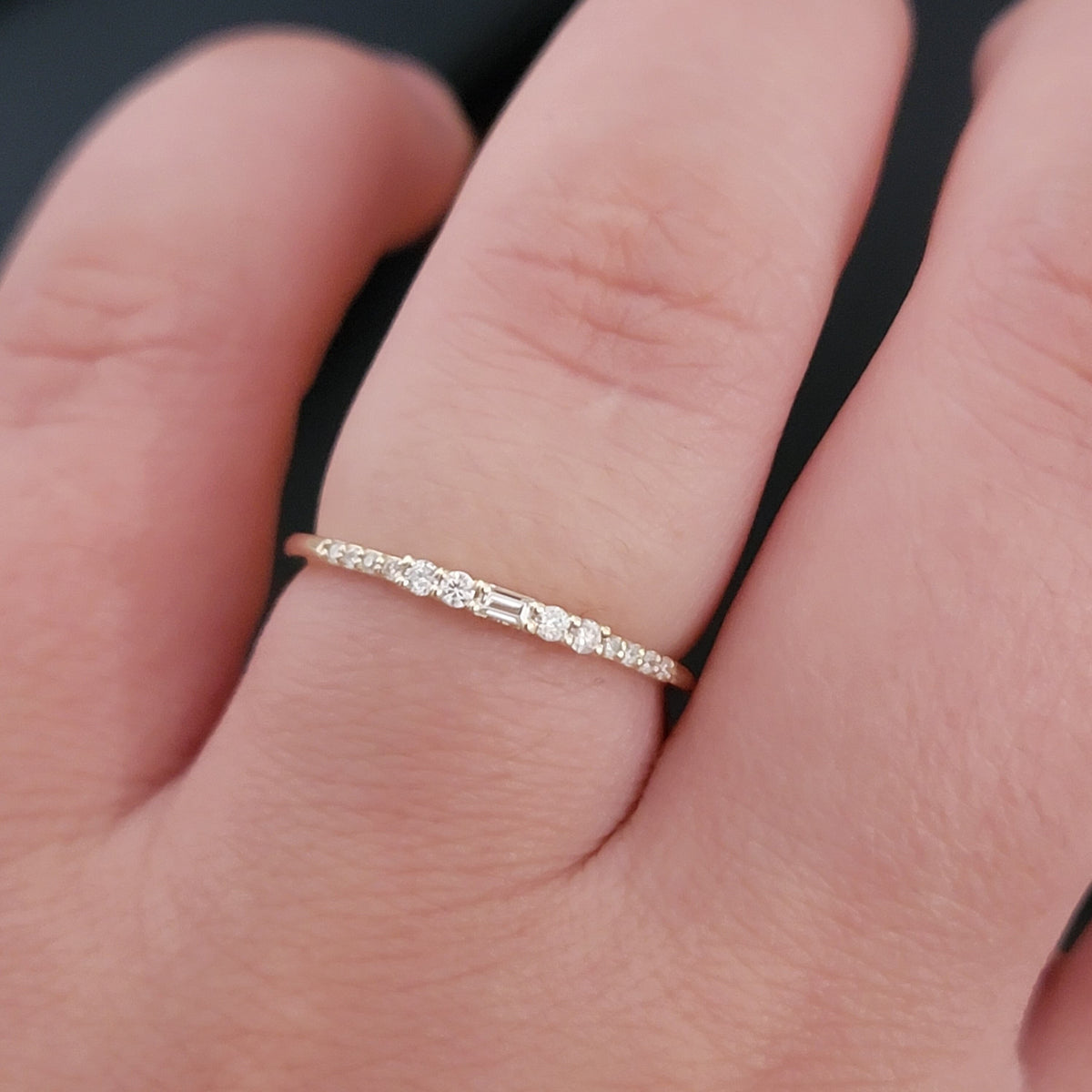 Diamond Ring, baguette and Round diamond Band, 14k Gold Dainty Diamond ring, Minimalist Ring, Thin Gold Diamond Stacking Ring, 14K White,