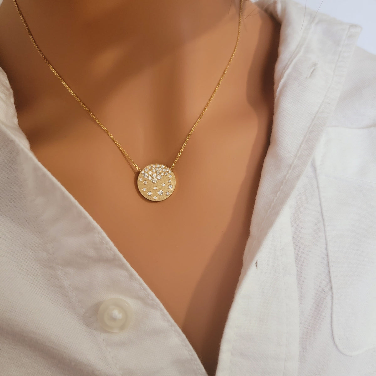 Diamond Circle Disc Necklace in 14k Solid Gold, Round Shaped Multi Stone Anniversary Pendant, Stackable Tiny Coin Jewelry, Wedding Chain Set