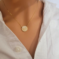 Diamond Circle Disc Necklace in 14k Solid Gold, Round Shaped Multi Stone Anniversary Pendant, Stackable Tiny Coin Jewelry, Wedding Chain Set