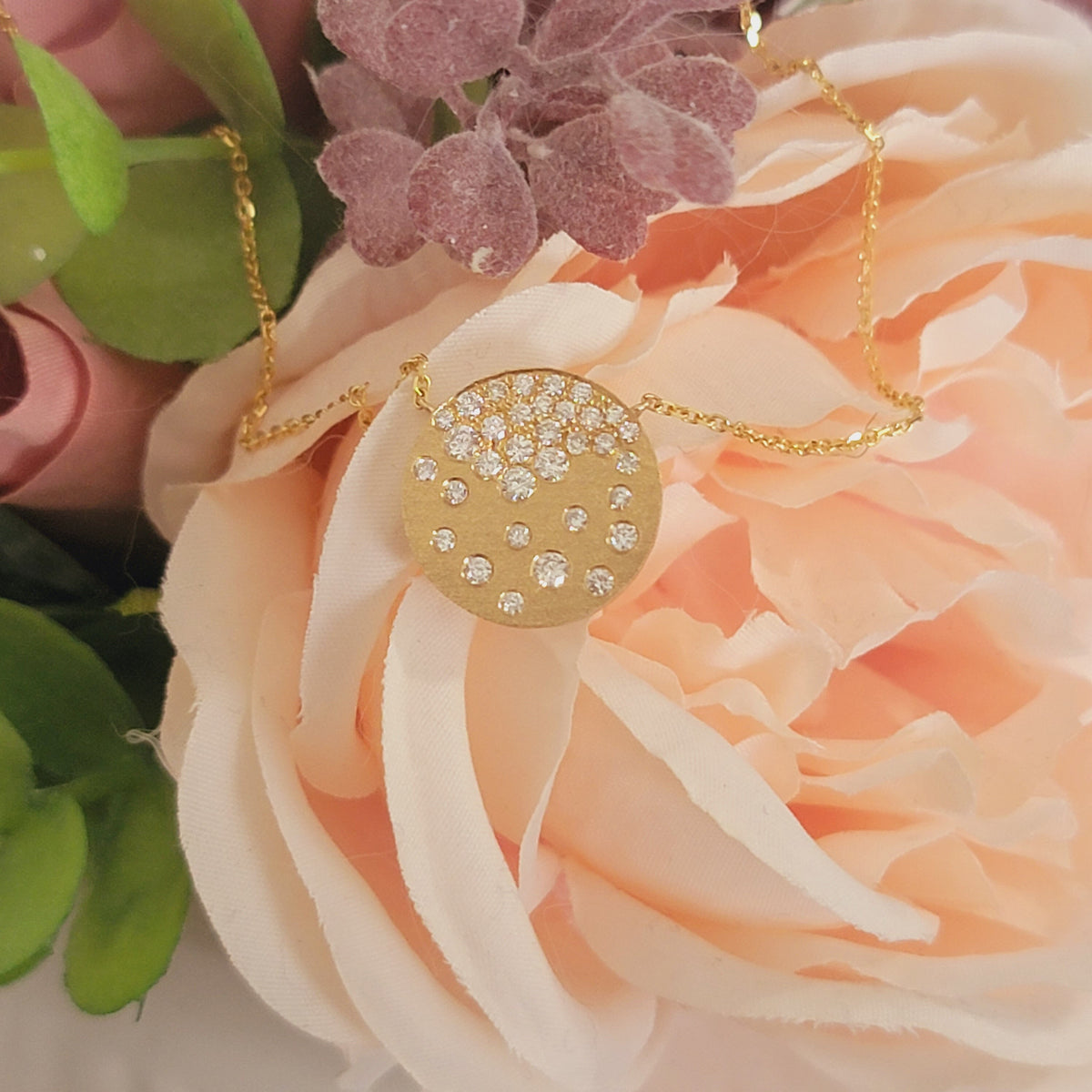 Diamond Circle Disc Necklace in 14k Solid Gold, Round Shaped Multi Stone Anniversary Pendant, Stackable Tiny Coin Jewelry, Wedding Chain Set
