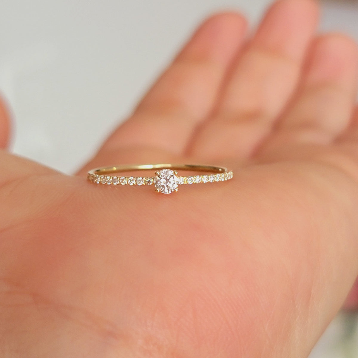 14K Gold Diamond Solitaire Ring: Micro Pave Half Eternity Wedding Band